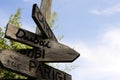 Street signs in the natural park indicating directions to different places of the world. The sky on the background. Royalty Free Stock Photo