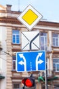 Street signs, traffic signs at a large intersection