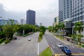 Street in Singapore Clean, orderly There is a clear traffic symbol on the road.