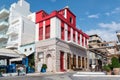 Street of Sitia town with beautiful hauses and tavernas on Crete island, Greece