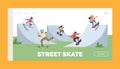 Street Skate Landing Page Template. Children Skating Longboard in City Park. Teen or Preteen Kids Skaters Freedom Life