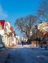 Street with snow in wintertime in Warnemuende, Germany