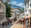 Street with souvenir shops in Gjirokastra, Albania