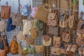 Street souvenirs market in Peniscola with traditional bags, Spain