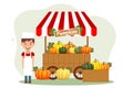 Street stall with autumn pumpkins and a cheerful seller. Thanksgiving Day greeting card, illustration vector