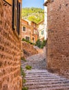 Street steps in Fornalutx, beautiful old village on Majorca island, Spain Royalty Free Stock Photo