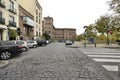 street with stone cobblestone pavement, pedestrian crossing Royalty Free Stock Photo