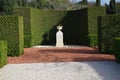 Street stone vase on a stone pedestal against the living-trimmed hedges Royalty Free Stock Photo