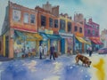 Street, stores, people, dog drinking from a puddle, watercolor, impressionism.