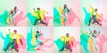 Two stylish girls, teens dancing hip-hop in stylish clothes on colored studio background with glitch effect. Royalty Free Stock Photo