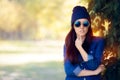 Street Style Fashion Girl in Denim Shirt Wearing Blue Sunglasses