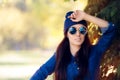 Street Style Fashion Girl in Denim Shirt Wearing Blue Sunglasses