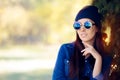 Street Style Fashion Girl in Denim Shirt Wearing Blue Sunglasses