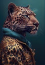 Street style, leopard, jaguar, posing, coat, hoodie, animal print, striking eyes, beautiful, wallpaper, background, generative ai