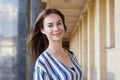 Street Style Outdoors Portrait of Beautiful Girl. Young Woman Smiling. Happy Lifestyle shoot. Fresh Face, Brown Hair Royalty Free Stock Photo