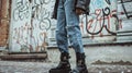 A street style shot of a fashionforward individual wearing an outfit composed entirely of thrifted pieces. From their Royalty Free Stock Photo