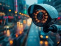 street surveillance camera in the city, A Security CCTV camera has focus and recording a lot of car on the road Royalty Free Stock Photo