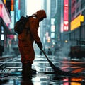 a street sweeper cleaning up a futuristic cityscape using a la