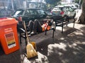 A street sweeper naps on a bench, Tel Aviv, Israel