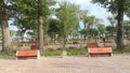 the street is tiled with trees bushes and original modern benches in the summer Royalty Free Stock Photo