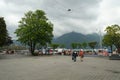 A street with touristic shops and cafe in Lugano, Switzerland