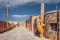 Street of the town of Cariquima, with giant cacti, near Colchane, in the Tarapaca region, in the foothills of the Cariquima mount Royalty Free Stock Photo