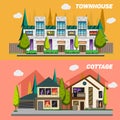 Street with townhouses and country houses. Set of