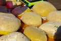 Street trade in cheese at the holiday. Day of the city. Royalty Free Stock Photo