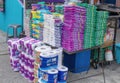 Street trade in industrial goods, laundry detergents, toilet paper. Quito, Ecuador.