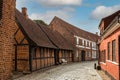 Street and traditional houses in old town of Ribe, Jutland, Denmark