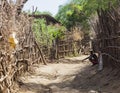 Street in traditional village of Dassanech tribe. Omorato, Ethiopia.