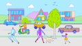 Street traffic cartoon characters, people walking on street, cars on road, vector illustration