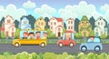 Street traffic. Cartoon childrens illustration. Children on vacation. Town landscape with suburban road. Automotive