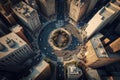 street with traffic circle and tall buildings in center of city, aerial view of busy city street