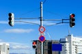 Street traffic light crosswalk sign against blue sky. crosswalk sign against blue sky