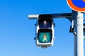 Street traffic light crosswalk sign against blue sky