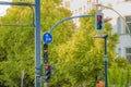 Street traffic lights for road vehicles and tram in the city of Royalty Free Stock Photo