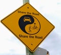 Street traffic sign on the pole: a yellow rhombus with a yin-yang style Share the Road with cars, cyclists, roller skaters