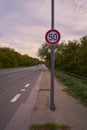 A street with a traffic sign