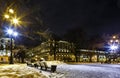 Street under snow cover, Saint Petersburg, Russia. Cityscape in winter night. Historical cultural building in baroque style Royalty Free Stock Photo