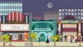 Street at urban night, people lifestyle vector illustration. Man woman character at building background,town road and