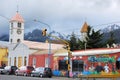 Street Ushuaia with 2 churches, Graffiti wall, Argentina