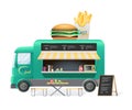 Street van, shop truck counter on wheels, sale of hamburgers.