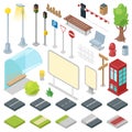 Street vector city roads with traffic light and bus stop illustration of isometric park with bench and streetlight in