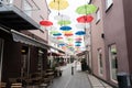 A street in Vejle with hanging umbrellas