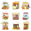 Street vendor booth and farm market food counters vector flat cartoon icons set