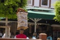 Street vendor carries stack of bagels simit on his head. Simit is traditional turkish berakfast snack, very popular in Turkey