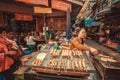 Street vendor cookng seafood and sell it at outdoor market, with meat dishes and other