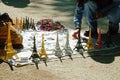 Street vendor of Eiffel Tower souvenirs with a customer in Paris Royalty Free Stock Photo