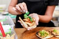 Street vendor hands making taco outdoors Royalty Free Stock Photo